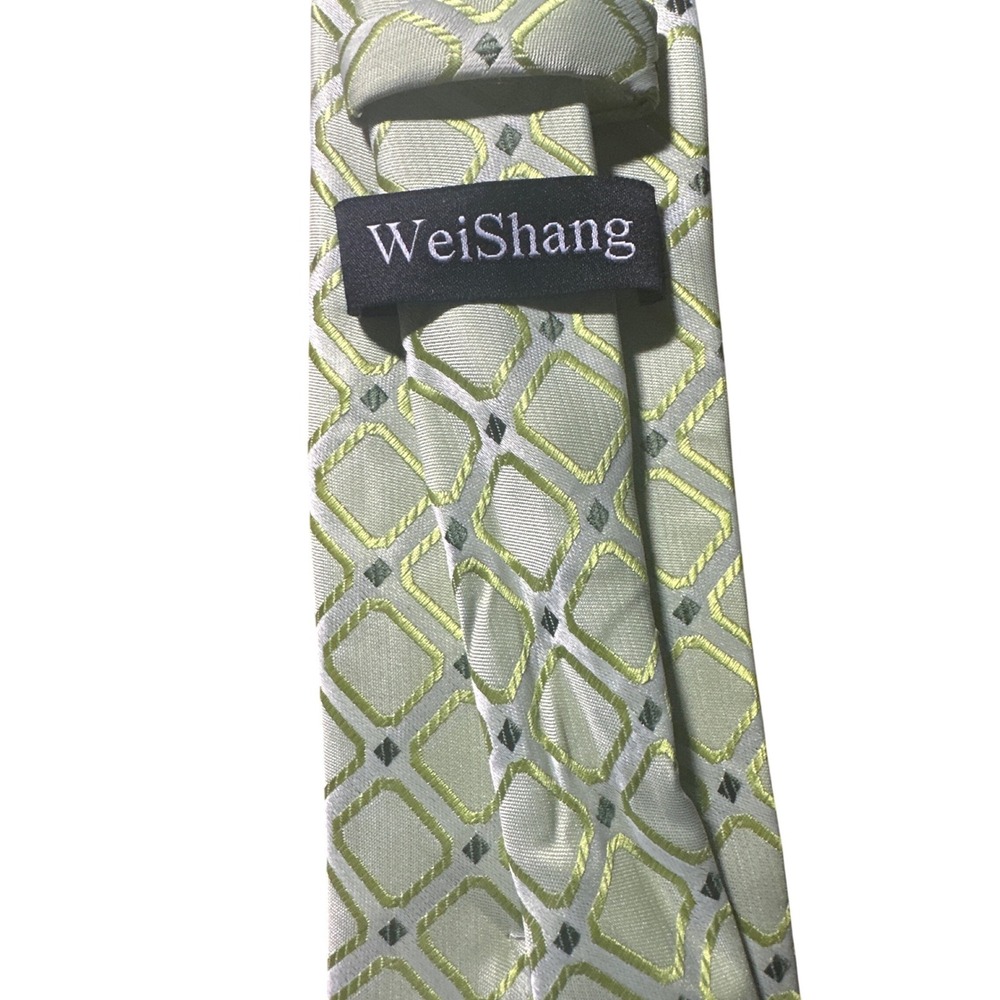 WeiShang Mens 100 Silk Hand Made Light Green Geometric Diamond Pattern Neck Tie - Picture 4 of 5